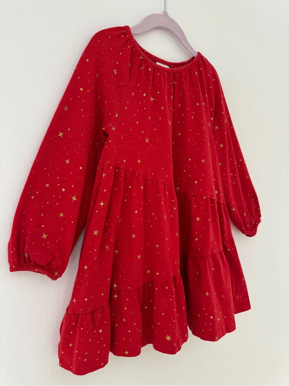 Hanna Andersson Red and Gold Long Sleeve Sparkle Tiered Dress, Size 4